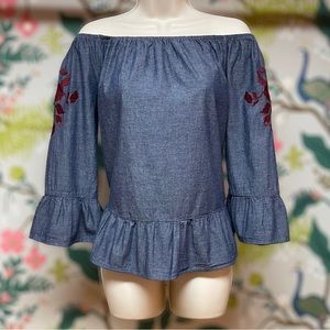 Boho Floral Chambray Off-Shoulder Top